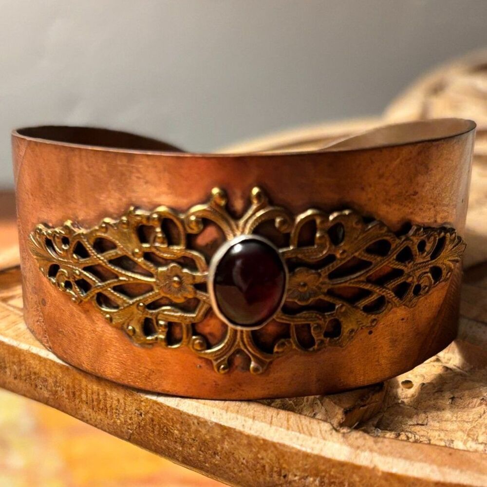 Vintage Copper Cuff Bracelet with Metal Filigree Overlay